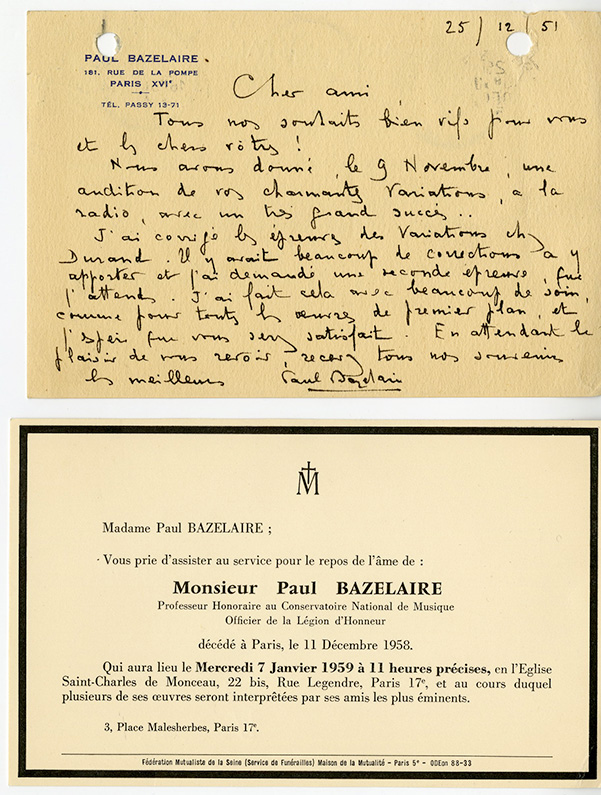 Paul Bauzelaire post-cards and funerary program